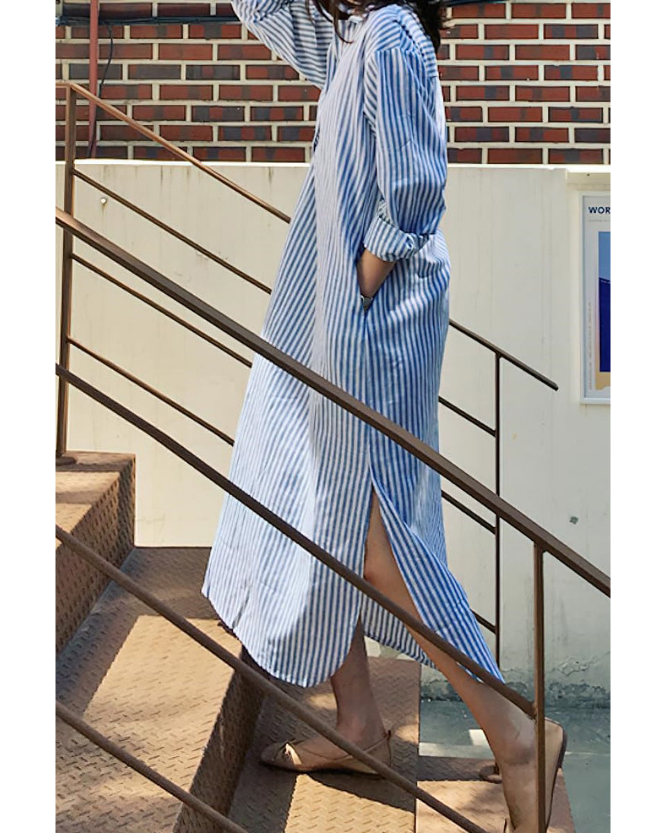 Chouyatou Women Casual Long Sleeve V Neck Striped Shift Dress Loose Long Maxi Cotton Shirt Dress with Pocket