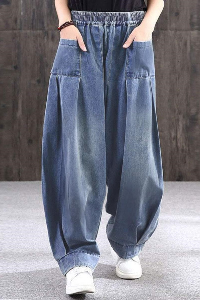 Chouyatou Women's Denim Harem Pants Elastic Waist Pleated Wide Leg Baggy Jeans
