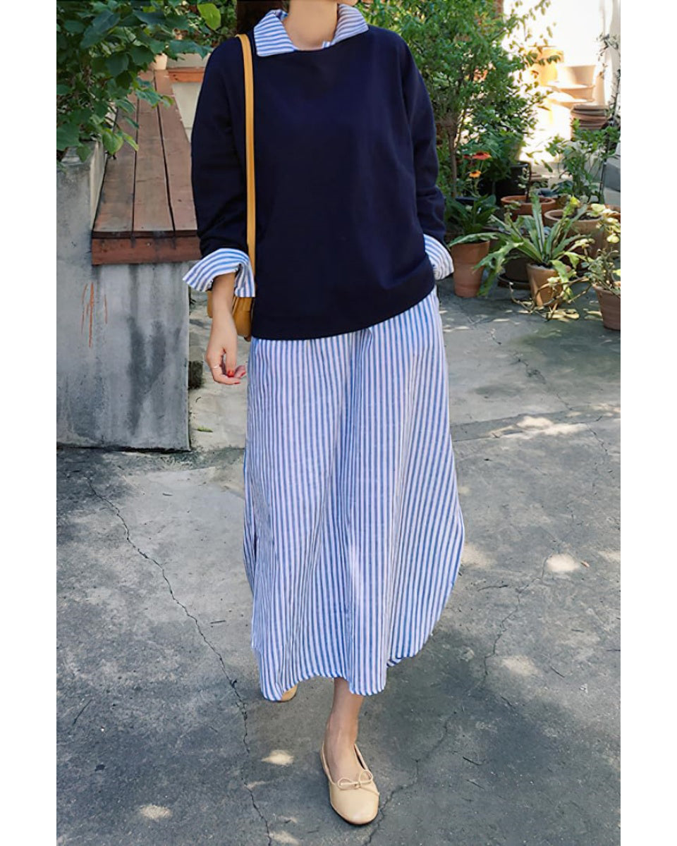 Chouyatou Women Casual Long Sleeve V Neck Striped Shift Dress Loose Long Maxi Cotton Shirt Dress with Pocket