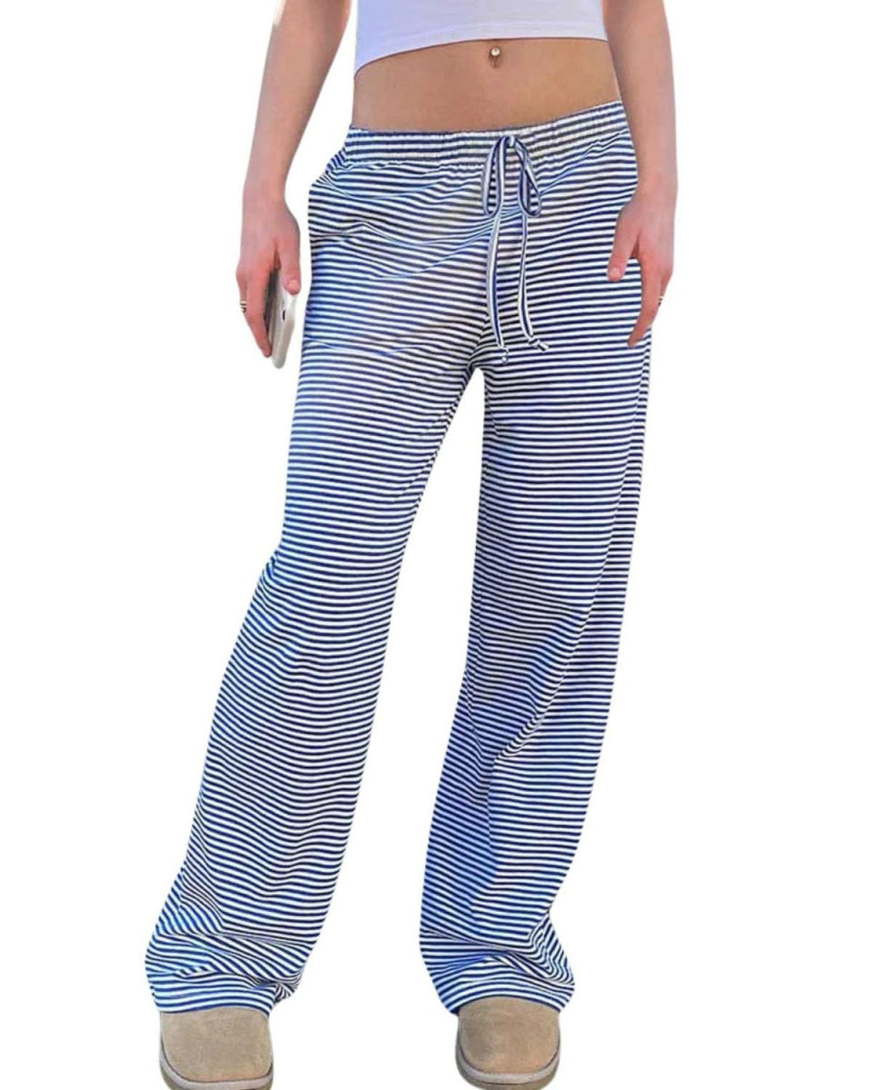 Chouyatou Womens Comfy Pajama Pants Striped Low Waisted Lounge Pants Elastic Waist Drawstring Long Trousers