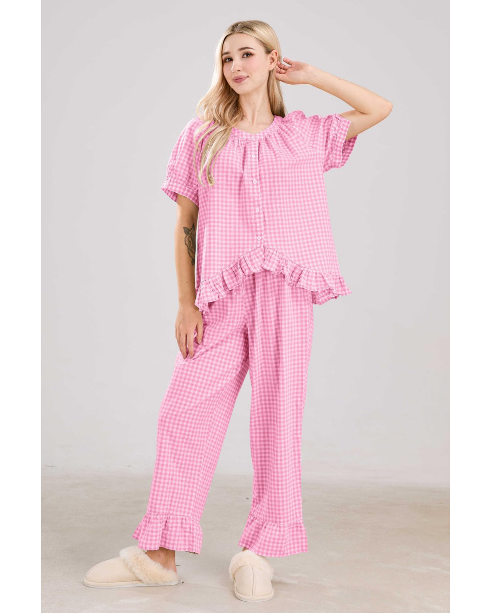 Chouyatou Womens Gingham Pajama Set 2 Piece Short Sleeve Babydoll Shirt and Pants Lounge Set Cute Sleepwear