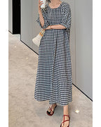 Chouyatou Women's Casual Gingham Loose-Fit Swing Dress Cotton Linen Lantern Puff Sleeve Plaid Maxi Dress