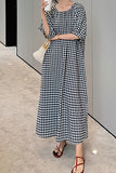 Chouyatou Women's Casual Gingham Loose-Fit Swing Dress Cotton Linen Lantern Puff Sleeve Plaid Maxi Dress