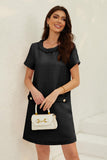 Chouyatou Women's Short Sleeve Crew Neck Tweed Dress A-line Button Part Elegant Mini Dresses