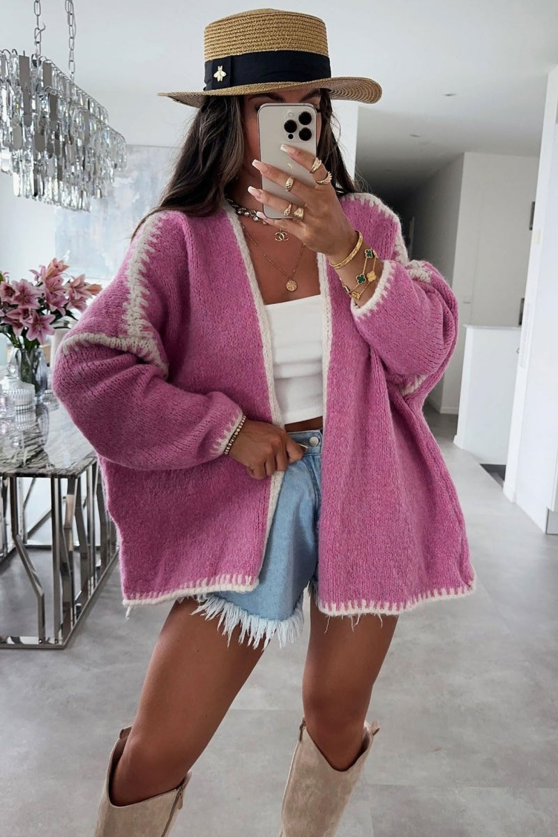 Chouyatou Women Fall Open Front Color Block Cardigan Sweater Casual Striped Chunky Knit Oversized Cardigan