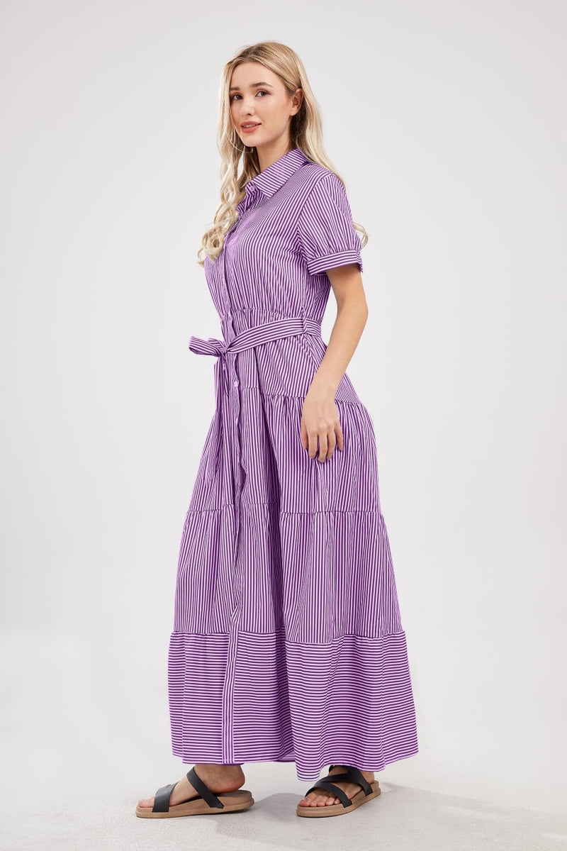 Chouyatou Womens Casual Short Sleeve Button Down Tie Waist Ruffled Striped Maxi Shirt Dress