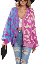 Chouyatou Women's Color Block Leopard Print Button Down Long Sleeve Cardigan Sweaters