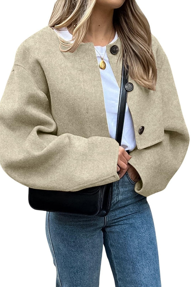 Chouyatou Women Cropped Wool Blend Pea Coat Short Jacket Peacoat Long Sleeve Button Down Crop Jacket