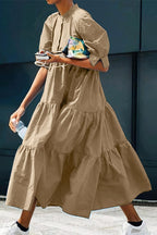 Chouyatou Women's Summer Puff Sleeve Maxi Tiered Babydoll Dress Casual A-Line Swing Long Shirt Dress