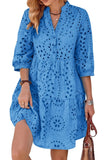 Chouyatou Women's 2025 Eyelet Lace Midi Dress V Neck Puff 3/4 Sleeve Button Tiered Sexy A Line Sun Dress