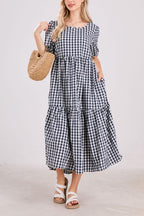 Chouyatou Women's Retro Lantern Puff Sleeve Plaid Dress Gingham Swing Tiered Midi Long Dress