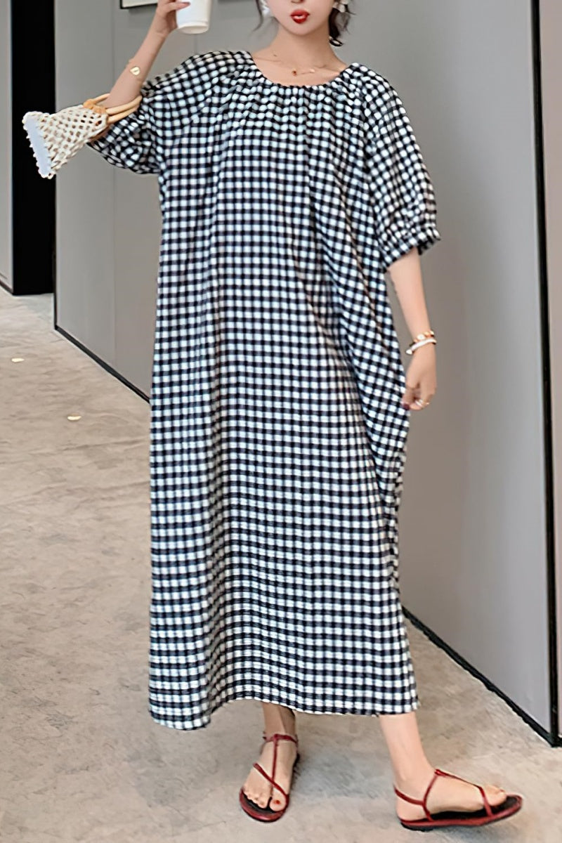 Chouyatou Women's Casual Gingham Loose-Fit Swing Dress Cotton Linen Lantern Puff Sleeve Plaid Maxi Dress