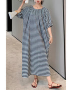 Chouyatou Women's Casual Gingham Loose-Fit Swing Dress Cotton Linen Lantern Puff Sleeve Plaid Maxi Dress