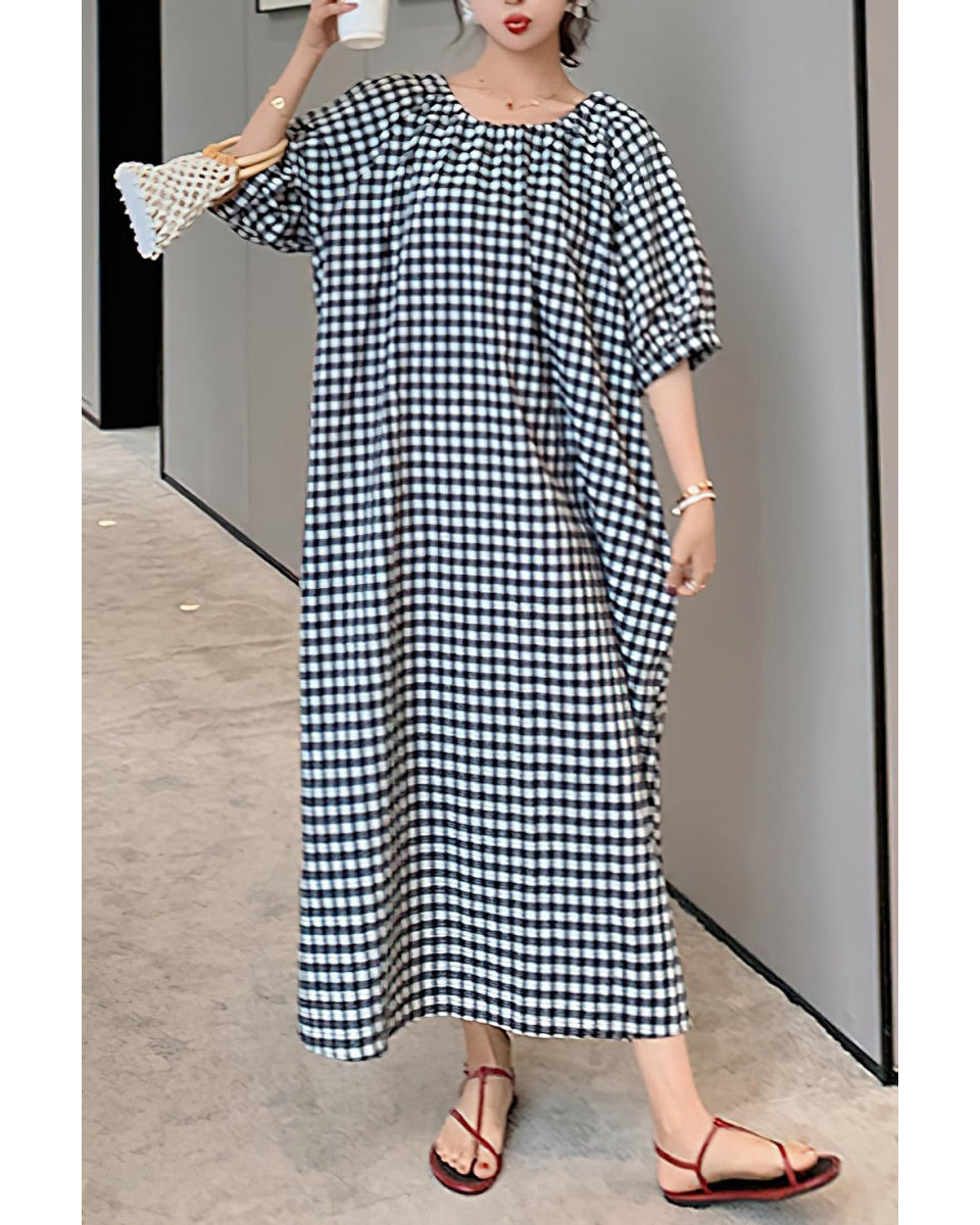 Chouyatou Women's Casual Gingham Loose-Fit Swing Dress Cotton Linen Lantern Puff Sleeve Plaid Maxi Dress