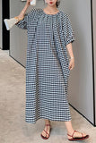 Chouyatou Women's Casual Gingham Loose-Fit Swing Dress Cotton Linen Lantern Puff Sleeve Plaid Maxi Dress