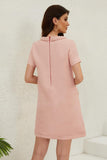 Chouyatou Women's Short Sleeve Crew Neck Tweed Dress A-line Button Part Elegant Mini Dresses