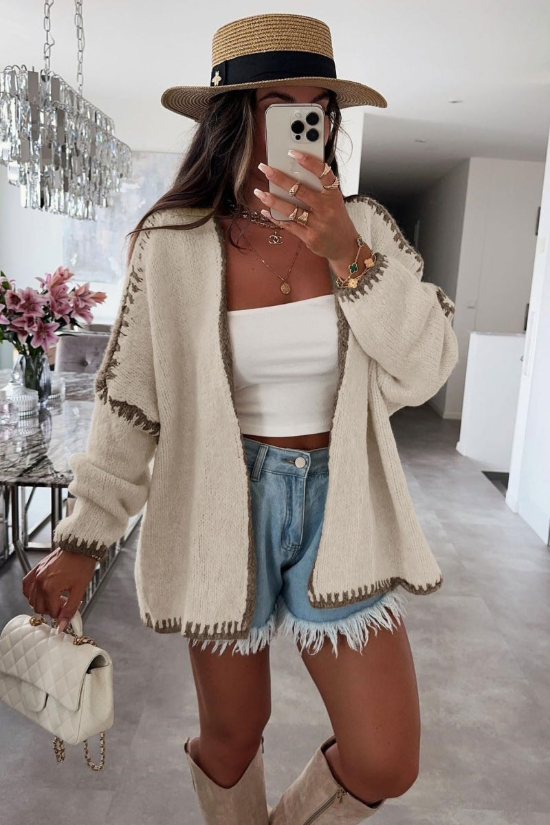 Chouyatou Women Fall Open Front Color Block Cardigan Sweater Casual Striped Chunky Knit Oversized Cardigan
