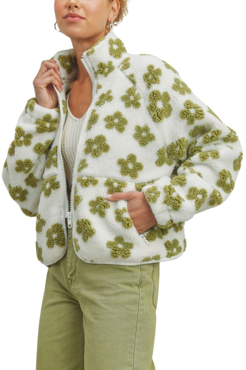 Chouyatou Women's Fall Winter Casual Cute Floral Fleece Jacket Fuzzy Zip Up Sherpa Jacket Faux Fur Coat