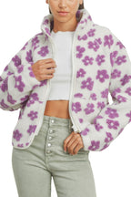 Chouyatou Women's Fall Winter Casual Cute Floral Fleece Jacket Fuzzy Zip Up Sherpa Jacket Faux Fur Coat