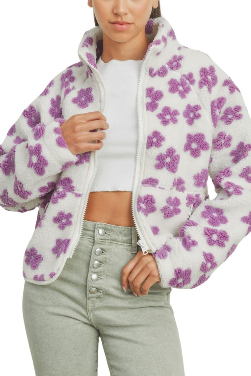 Chouyatou Women's Fall Winter Casual Cute Floral Fleece Jacket Fuzzy Zip Up Sherpa Jacket Faux Fur Coat