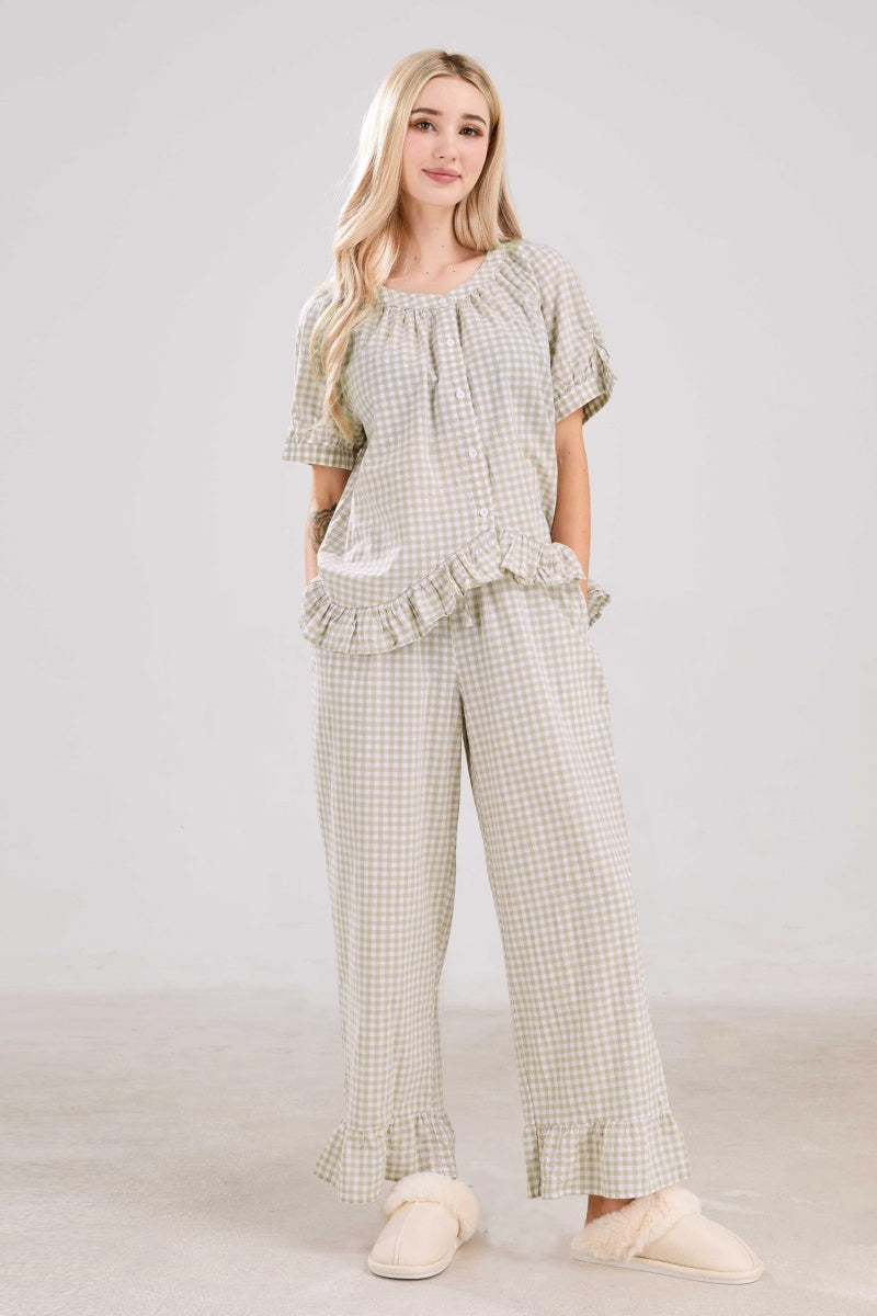 Chouyatou Womens Gingham Pajama Set 2 Piece Short Sleeve Babydoll Shirt and Pants Lounge Set Cute Sleepwear