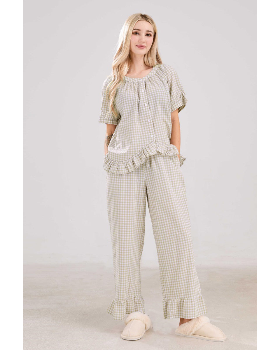 Chouyatou Womens Gingham Pajama Set 2 Piece Short Sleeve Babydoll Shirt and Pants Lounge Set Cute Sleepwear