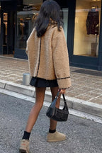 Chouyatou Women's Winter Casual Embroidered Sherpa Jacket Notch Lapel Fuzzy Faux Fur Fleece Jacket Coat
