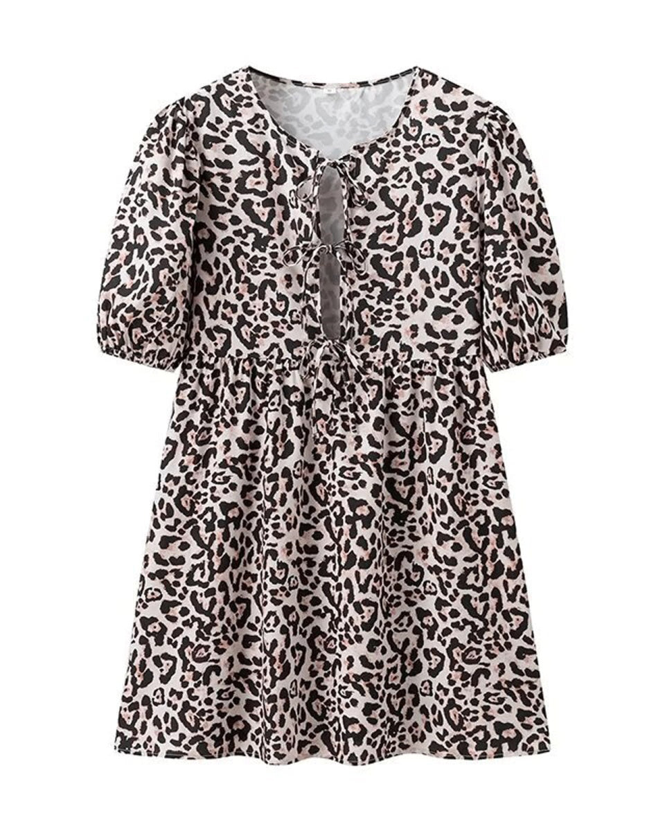 Chouyatou Women's Cute Bow Tie Front Mini Dress Babydoll Puff Short Sleeve Dresses Ruffle Y2k Peplum Sundress