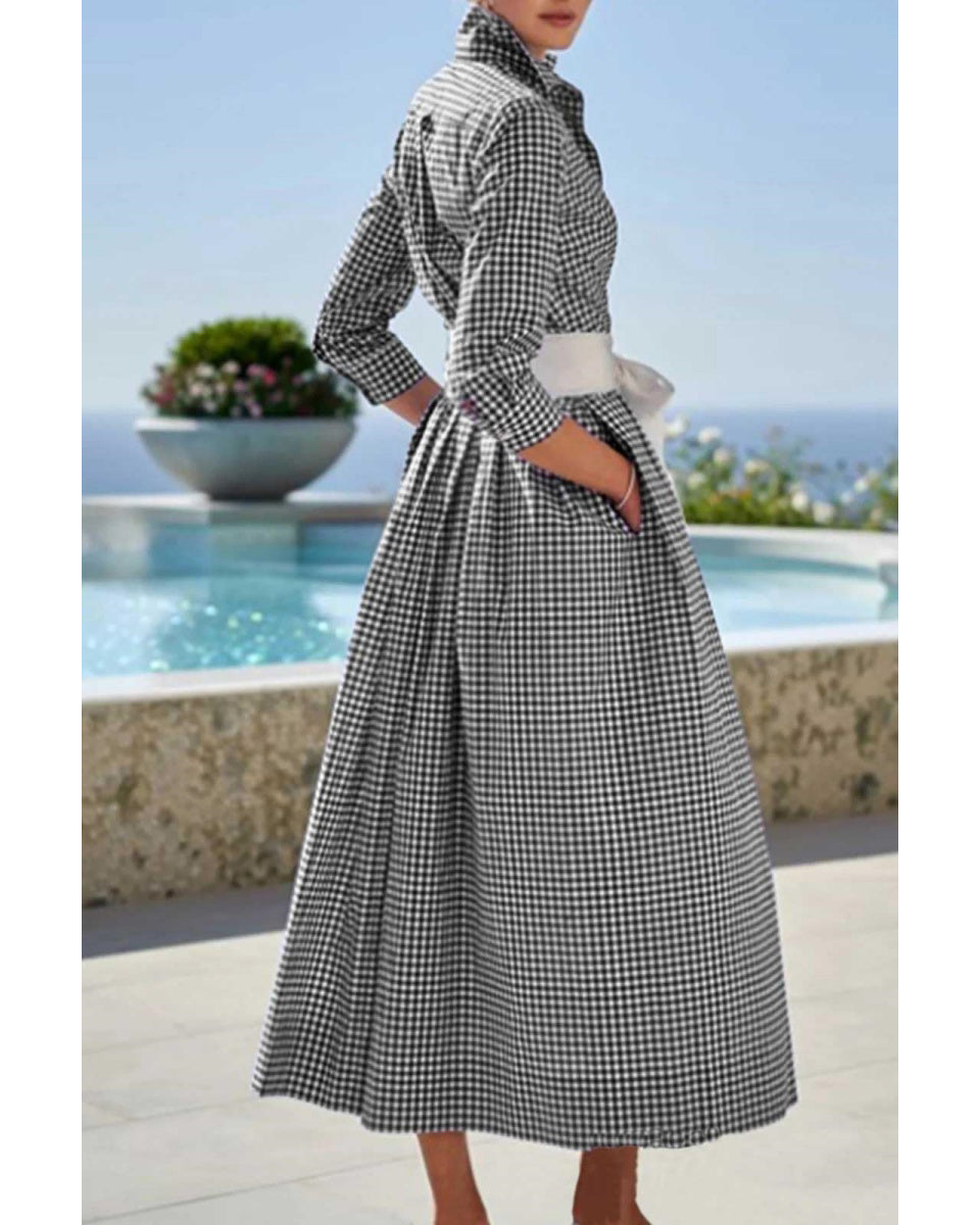 Chouyatou Women's Retro Plaid Button Up Maxi Shirt Dress 3/4 Sleeve Gingham Pocketed Long Dress with Belt