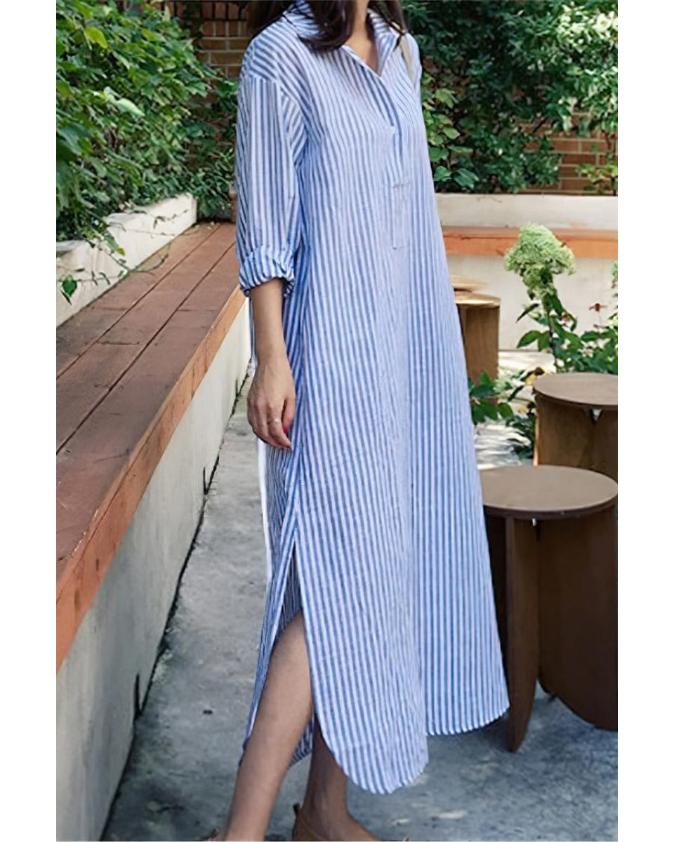 Chouyatou Women Casual Long Sleeve V Neck Striped Shift Dress Loose Long Maxi Cotton Shirt Dress with Pocket