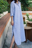 Chouyatou Women Casual Long Sleeve V Neck Striped Shift Dress Loose Long Maxi Cotton Shirt Dress with Pocket