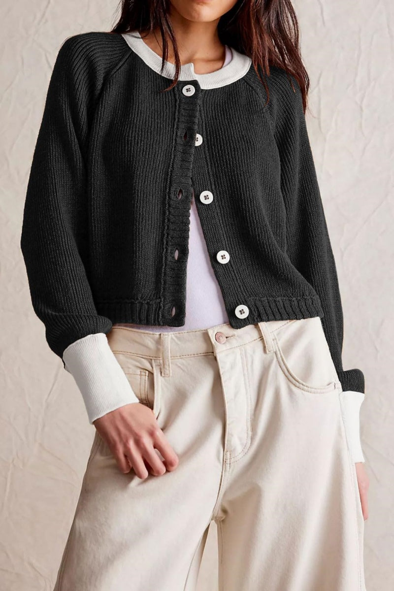 Chouyatou Women Knitted Button Down Cropped Cardigan Jacket Sweater Y2k Fall Knit Color Block Sweater Crewneck Crop Short Coat