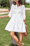 Chouyatou Women's 2025 Eyelet Lace Midi Dress V Neck Puff 3/4 Sleeve Button Tiered Sexy A Line Sun Dress