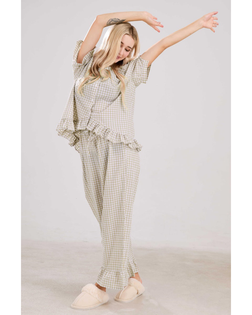 Chouyatou Womens Gingham Pajama Set 2 Piece Short Sleeve Babydoll Shirt and Pants Lounge Set Cute Sleepwear