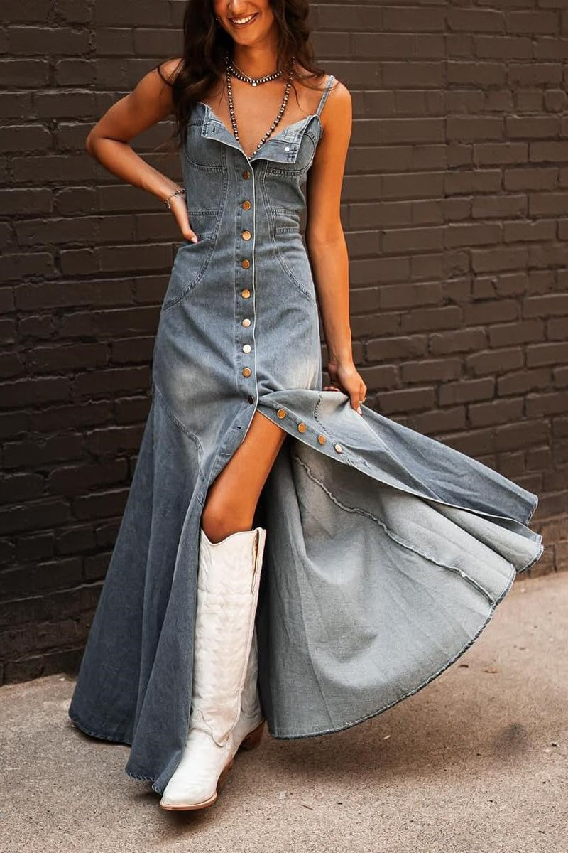 Chouyatou Women's Spaghetti Strap Smocked Back Denim Dress Button Down CHOUYATOU Chouyatou Women's Spaghetti Strap Smocked Back Denim Dress Button Down CHOUYATOU