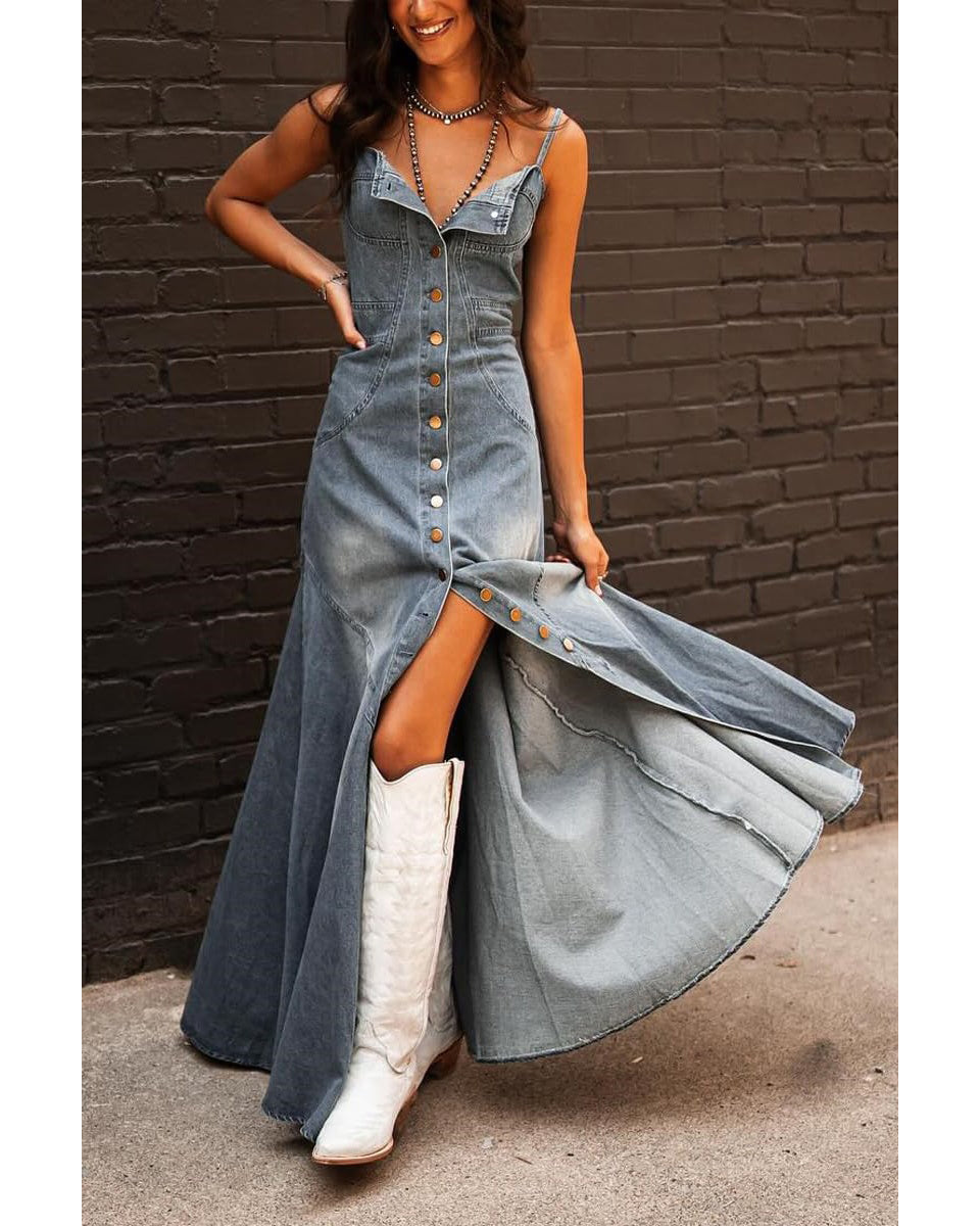 Chouyatou Women's Spaghetti Strap Smocked Back Denim Dress Button Down A-Line Swing Flowy Maxi Jean Dress