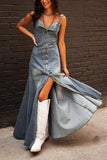 Chouyatou Women's Spaghetti Strap Smocked Back Denim Dress Button Down A-Line Swing Flowy Maxi Jean Dress