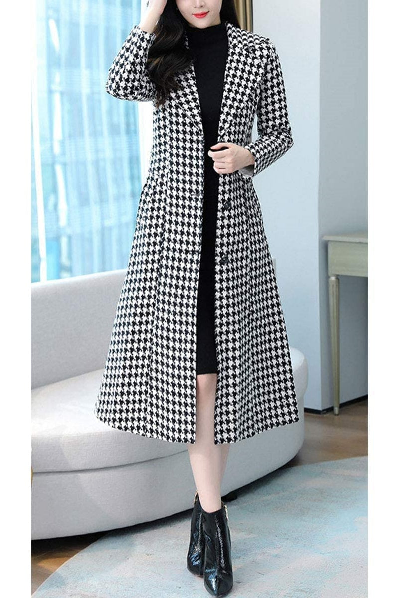 Chouyatou Women's Houndstooth Trench Coat Winter Single Breasted Quilt-Lined Long Coat