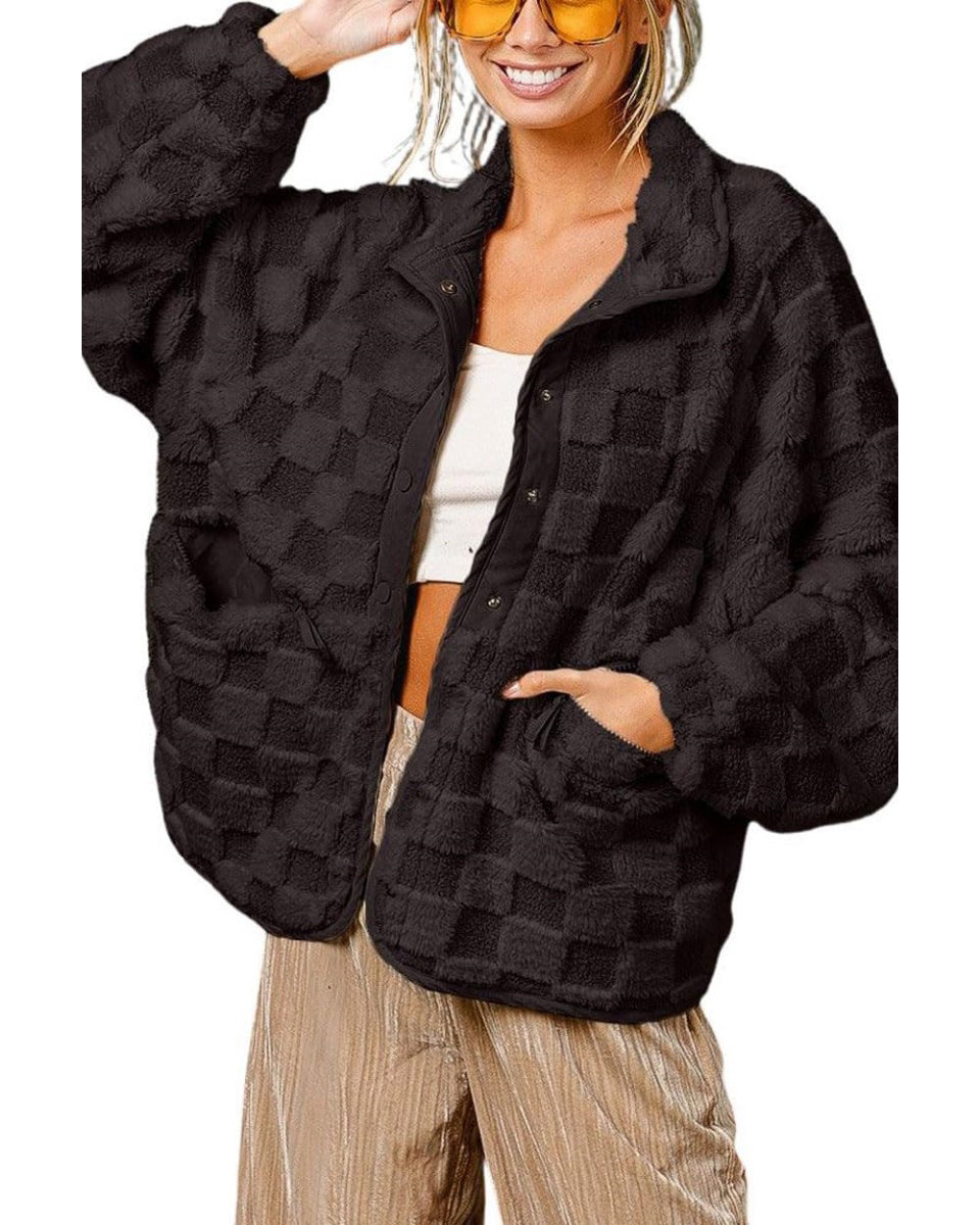 Chouyatou Women Winter Casual Checkered Fleece Jacket Fuzzy Oversized Sherpa Jacket Shacket Faux Fur Coat