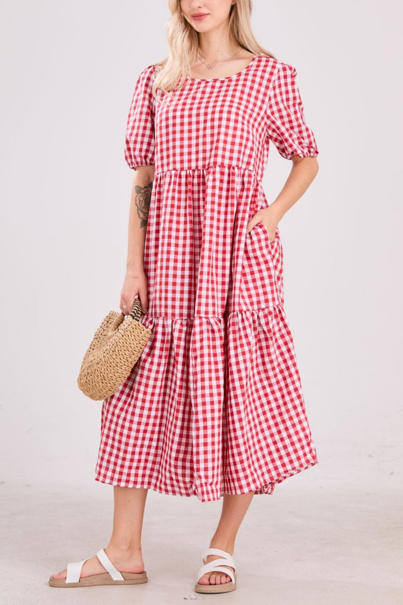 Chouyatou Women's Retro Lantern Puff Sleeve Plaid Dress Gingham Swing Tiered Midi Long Dress