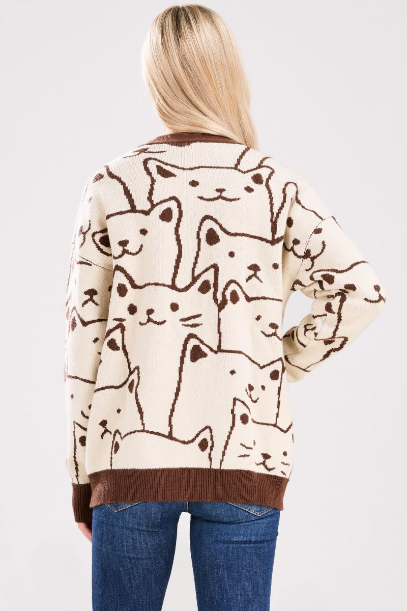 Chouyatou Women's Kawaii Cartoon Cat Cardigan Japanese Aesthetic Button Down Jacquard Knit Sweater Coat