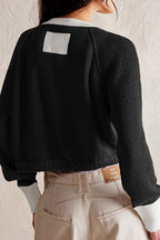 Chouyatou Women Knitted Button Down Cropped Cardigan Jacket Sweater Y2k Fall Knit Color Block Sweater Crewneck Crop Short Coat