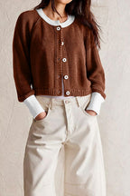 Chouyatou Women Knitted Button Down Cropped Cardigan Jacket Sweater Y2k Fall Knit Color Block Sweater Crewneck Crop Short Coat