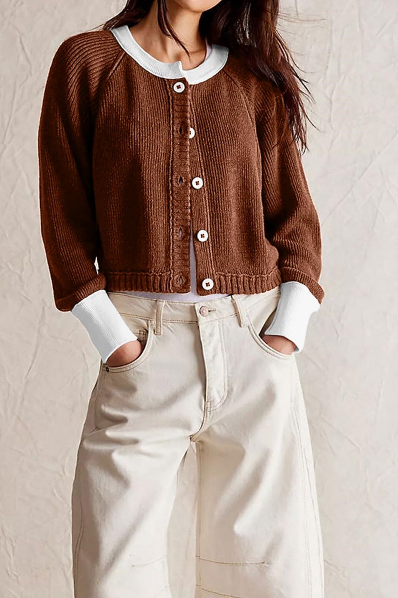 Chouyatou Women Knitted Button Down Cropped Cardigan Jacket Sweater Y2k Fall Knit Color Block Sweater Crewneck Crop Short Coat