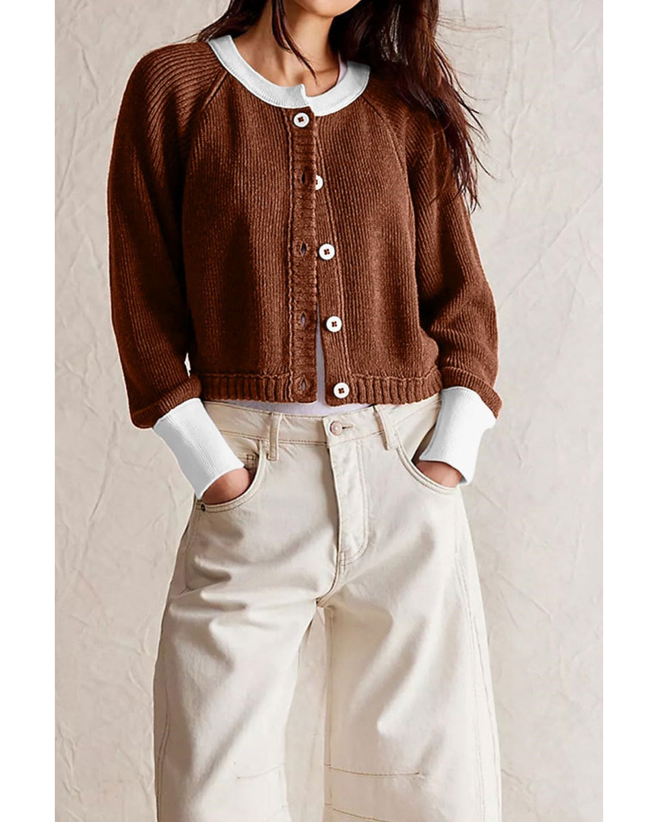 Chouyatou Women Knitted Button Down Cropped Cardigan Jacket Sweater Y2k Fall Knit Color Block Sweater Crewneck Crop Short Coat