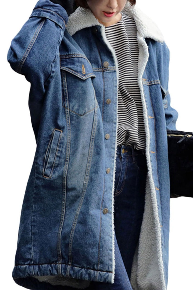 Chouyatou Women Long Sherpa Fleece Lined Jeans Jacket Denim Trench Coat Thicken Button Down Patchwork Trucker Coat
