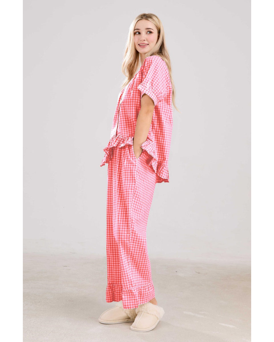 Chouyatou Womens Gingham Pajama Set 2 Piece Short Sleeve Babydoll Shirt and Pants Lounge Set Cute Sleepwear