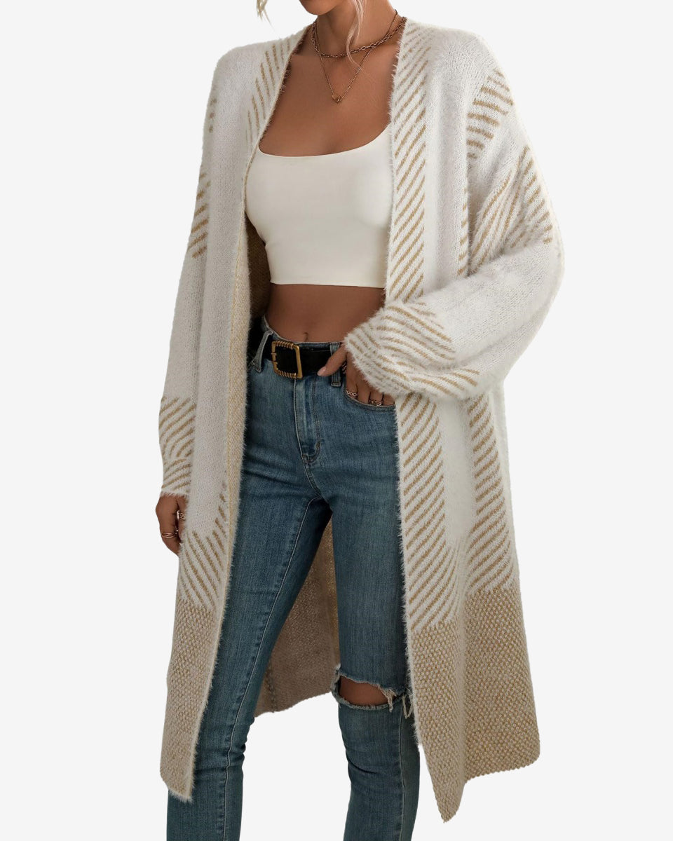 Chouyatou Women's Color Block Striped Fuzzy Long Cardigan Sweaters Open Front Diagonal Stripe Knit Cardigan Jacket Coat