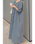 Chouyatou Women's Casual Gingham Loose-Fit Swing Dress Cotton Linen Lantern Puff Sleeve Plaid Maxi Dress