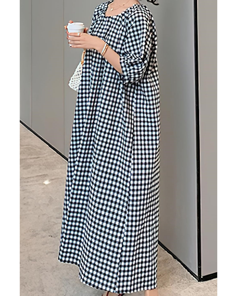 Chouyatou Women's Casual Gingham Loose-Fit Swing Dress Cotton Linen Lantern Puff Sleeve Plaid Maxi Dress